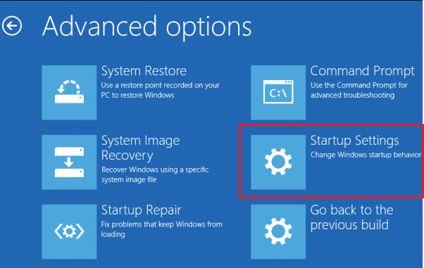 高级选项下的启动设置。 修复 Windows 10 更新 0x8007000d 错误