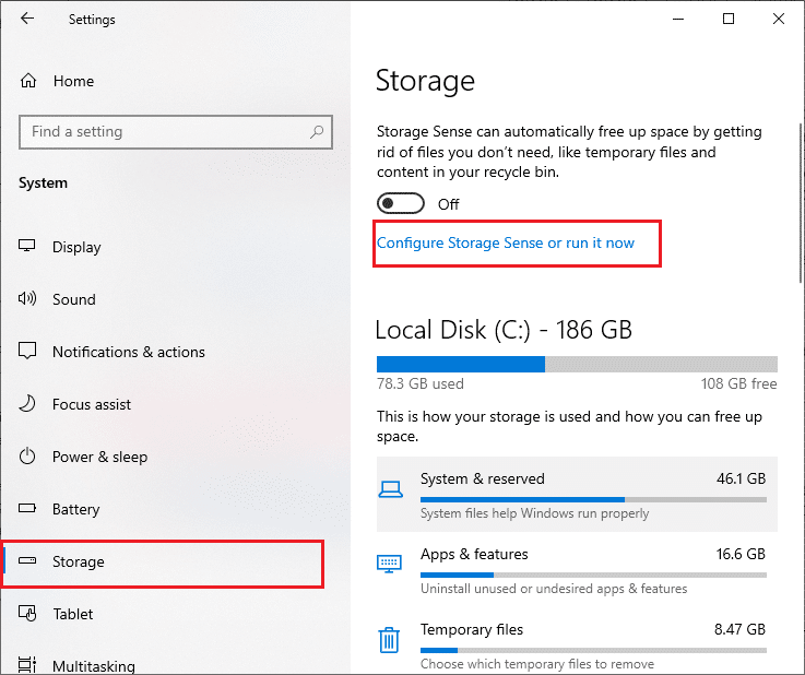 存储选项卡。 修复 Windows 10 更新 0x8007000d 错误