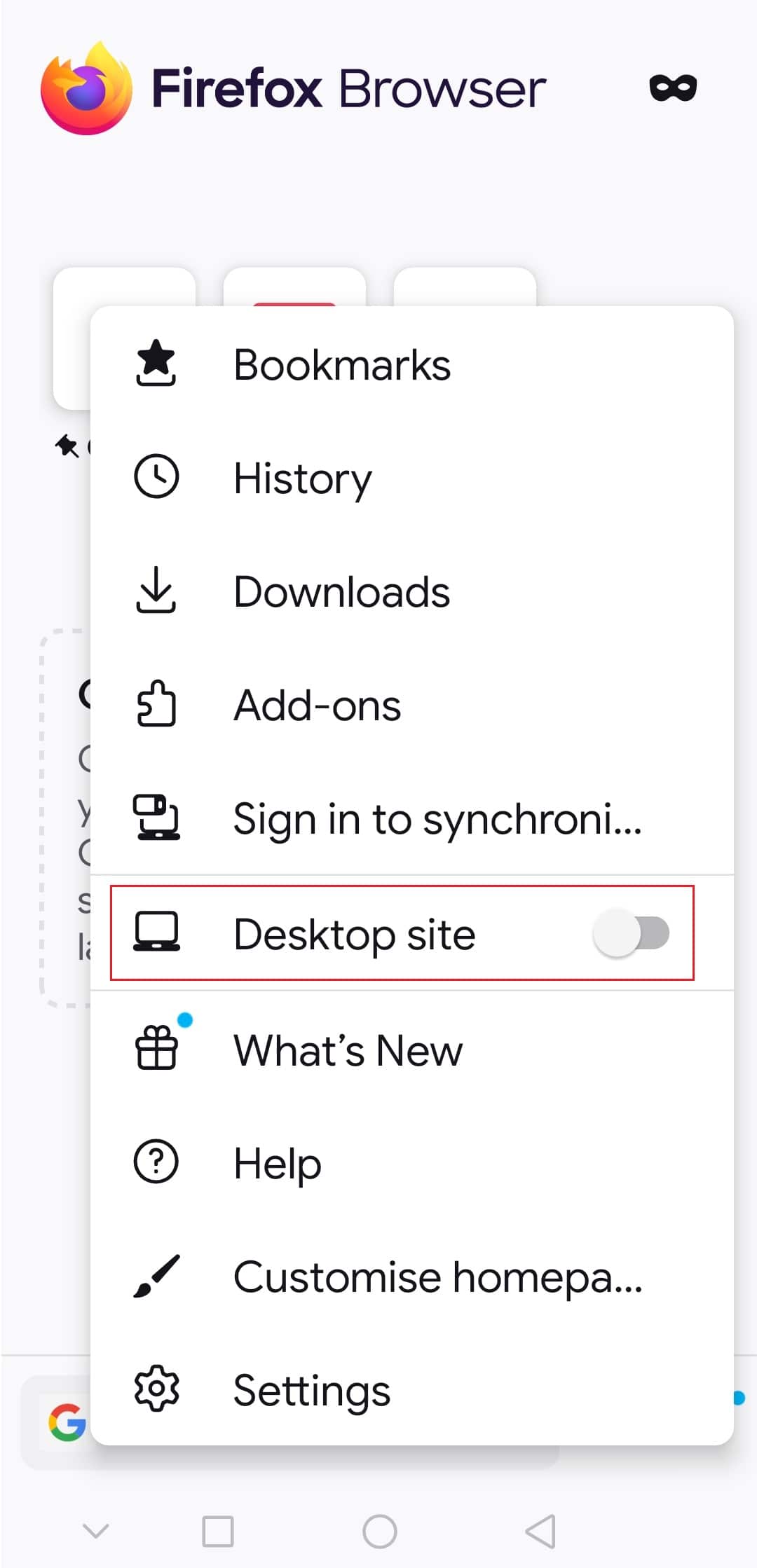 在 Firefox android 应用中打开桌面站点的切换开关