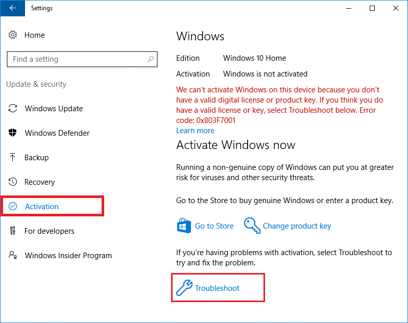 切换到激活选项卡。 在右窗格中，单击疑难解答链接。 修复 Windows 10 0xc004f075 错误