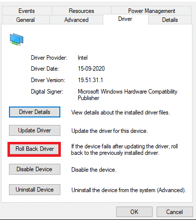 切换到Driver选项卡并选择Roll Back Driver来修复handle is invalid错误