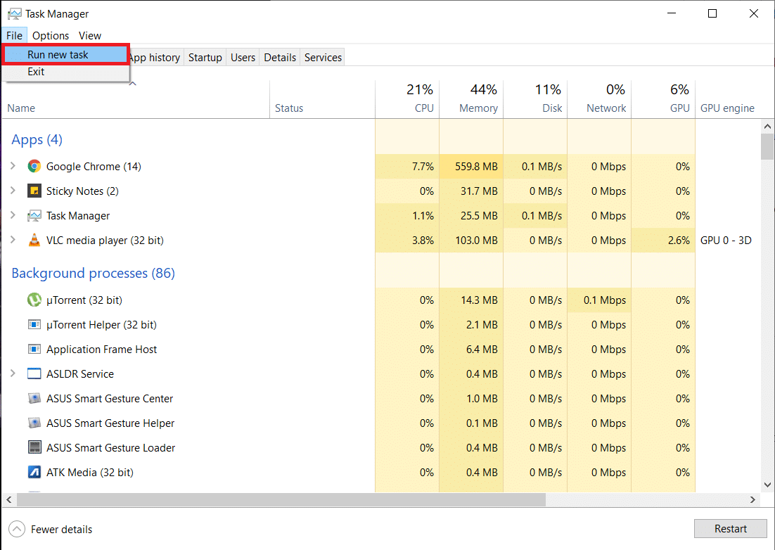 任务管理器。 文件选项已打开。