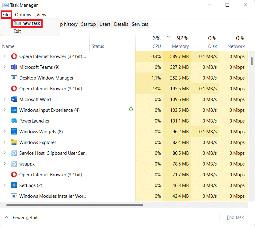 在任务管理器窗口中运行新任务。 如何修复 Windows 11 中的更新错误 0x800f0988