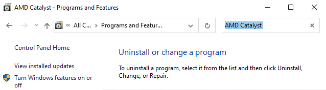 程序和功能实用程序将打开，现在搜索 AMD Catalyst。