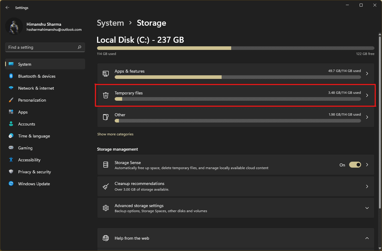 将出现存储统计信息，单击临时文件选项|  如何在 Windows 11 中清除缓存