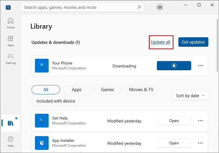 单击全部更新按钮。 修复 Microsoft Store 0x80246019 错误