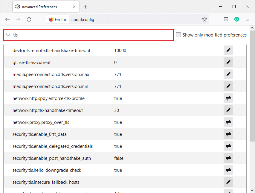 tls 在搜索栏中。 修复 Windows 10 中的 Firefox SSL_ERROR_NO_CYPHER_OVERLAP