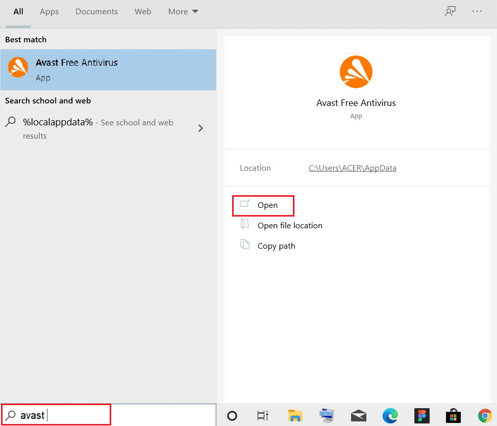 输入 avast 并单击在 Windows 搜索栏中打开。 修复 Windows 10 上的 ERR_EMPTY_RESPONSE