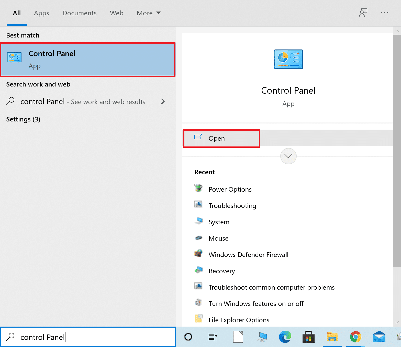 在 Windows 搜索栏中键入控制面板。 修复 ERR 连接重置 Windows 10