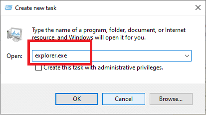 .  在新任务窗口中键入 explorer.exe，然后单击确定。