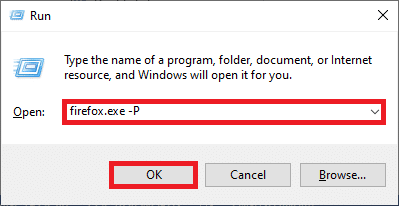 在“运行”对话框中键入 firefox.exe P，然后单击“确定”按钮