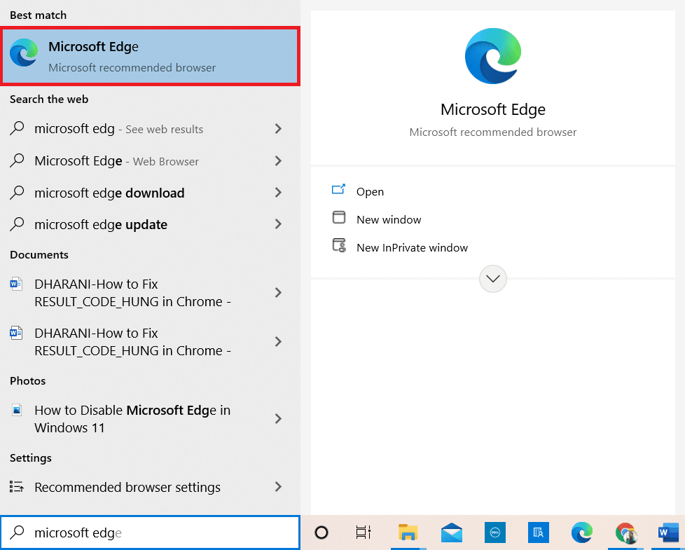 在 Windows 搜索栏中键入 Microsoft Edge 并打开它 |  RESULT_CODE_HUNG