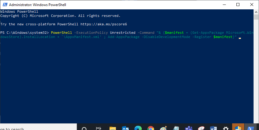 键入 PowerShell ExecutionPolicy Unrestricted 命令清单 GetAppxPackage Microsoft.WindowsStore.InstallLocationAppxManifest.xml 添加 AppxPackage DisableDevelopmentMode 注册清单