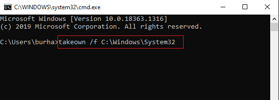 输入 takeown f CWindowsSystem32 并按 Enter |  修复无法枚举容器中的对象错误