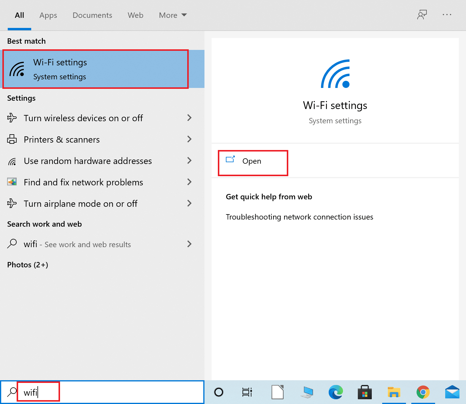 在 Windows 搜索栏中键入 Wi-Fi。 启动 Wi-Fi 设置