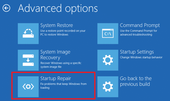 在高级选项下，单击启动修复 |  修复 Windows 10 中的黄屏死机错误