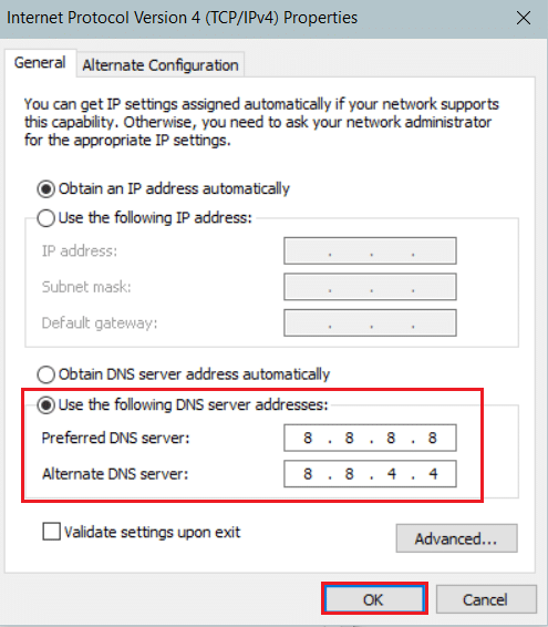 在 ipv4 属性中使用首选 dns。 修复 Windows 10 中的 FFXIV 错误 90002