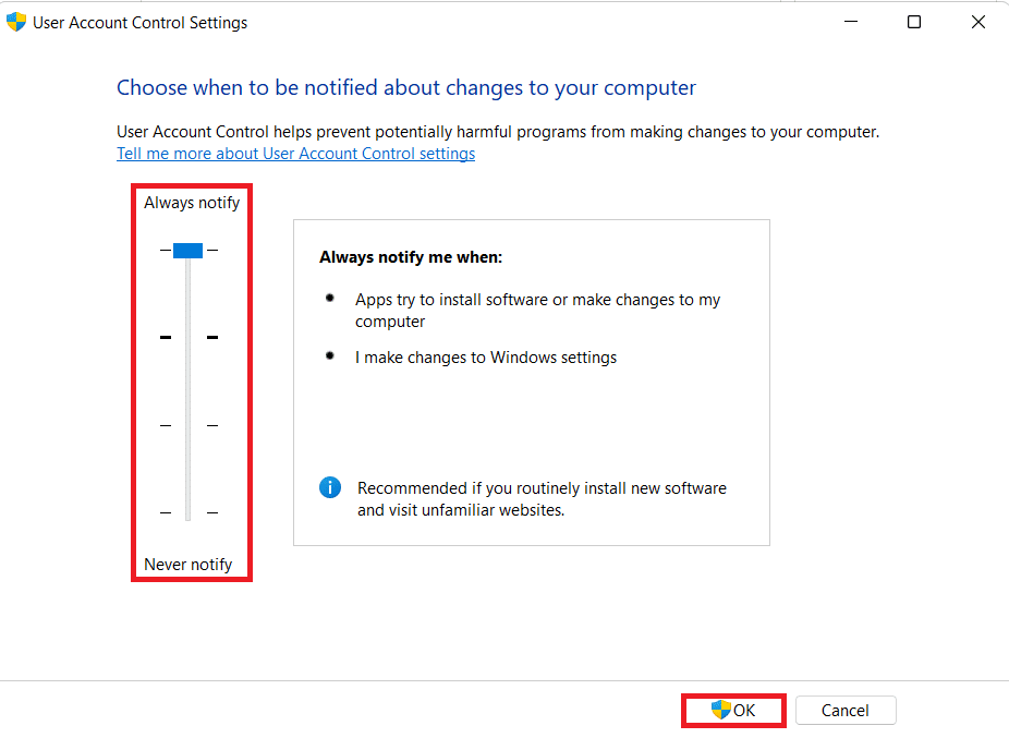 用户帐户控制设置。 如何修复 Windows 11 中的错误 0x8007007f