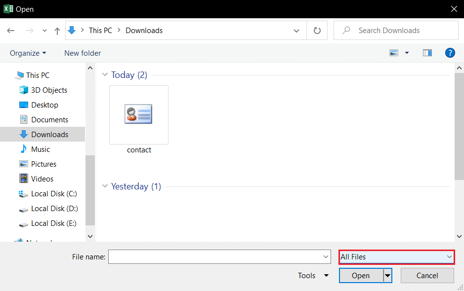 查看所有文件以在 ms excel 中打开 vcf 文件