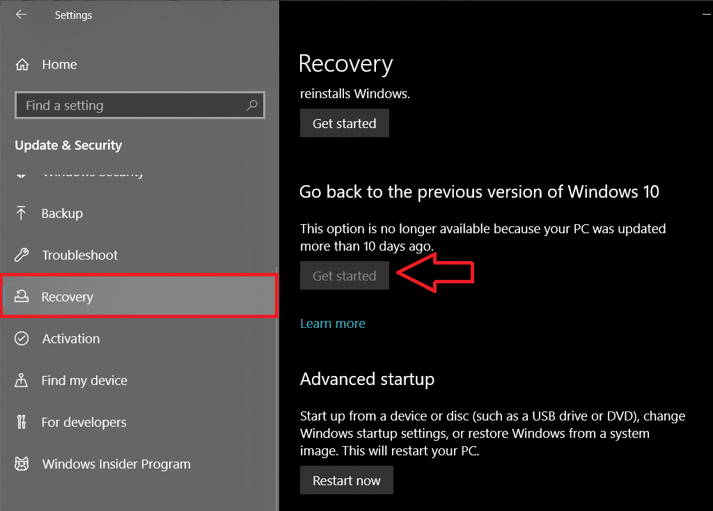 单击“返回到以前版本的 Windows 10”下的“开始”按钮