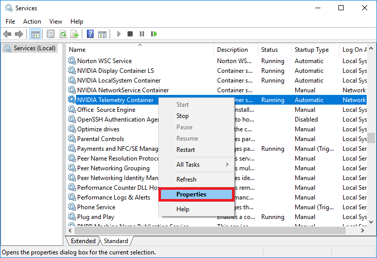 右键单击 Nvidia Telemetry Container 服务并选择 Properties