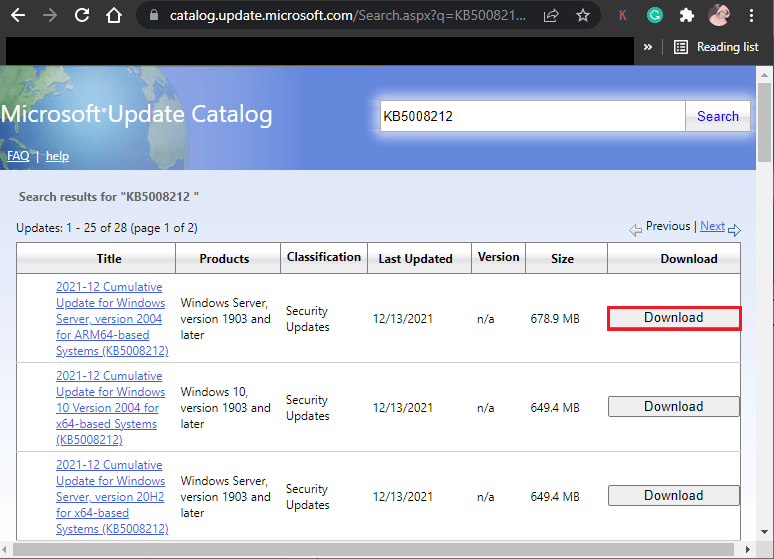 单击与你最新的 KB5008212 更新对应的下载