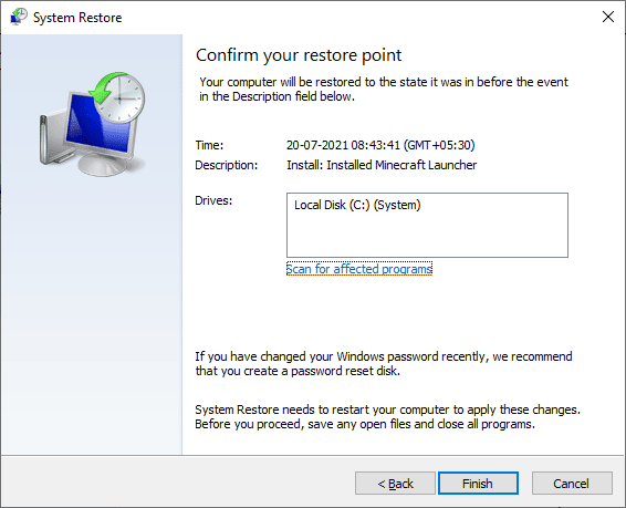 单击“完成”按钮确认还原点。 修复更新错误 0x80070bcb Windows 10